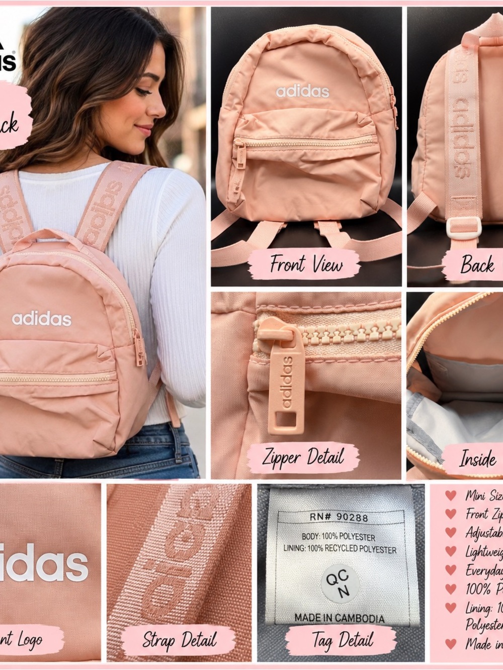 Adidas Small Mini Backpack Blush Pink Logo Adjustable Straps Front Zip Pocket